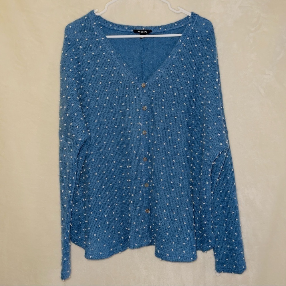 Racheal Blue Swiss Dot textured Long Sleeve Button Front Oversized Cardigan